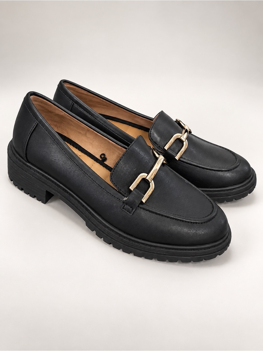 Rachel Zoe Black Women's Leather Loafers with Gold Chain Accent